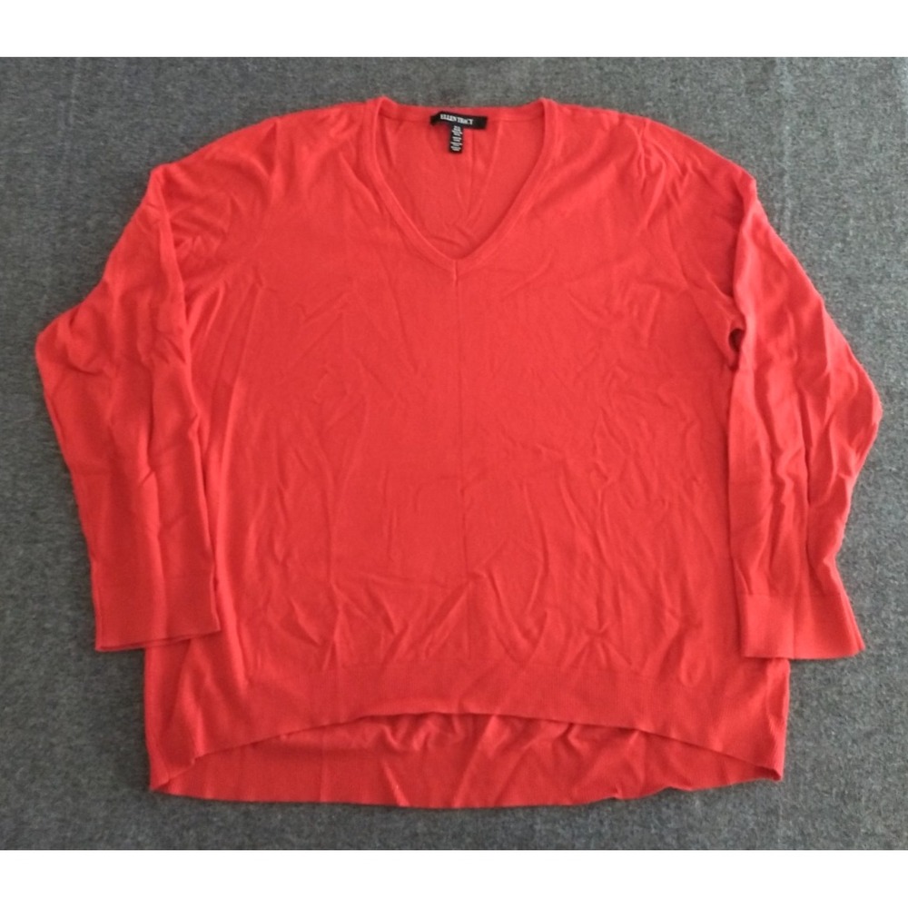 Ellen Tracy Sweater Women's XL Red Long Sleeve Hi-Low Hem Ribbed Cuffs V-Neck